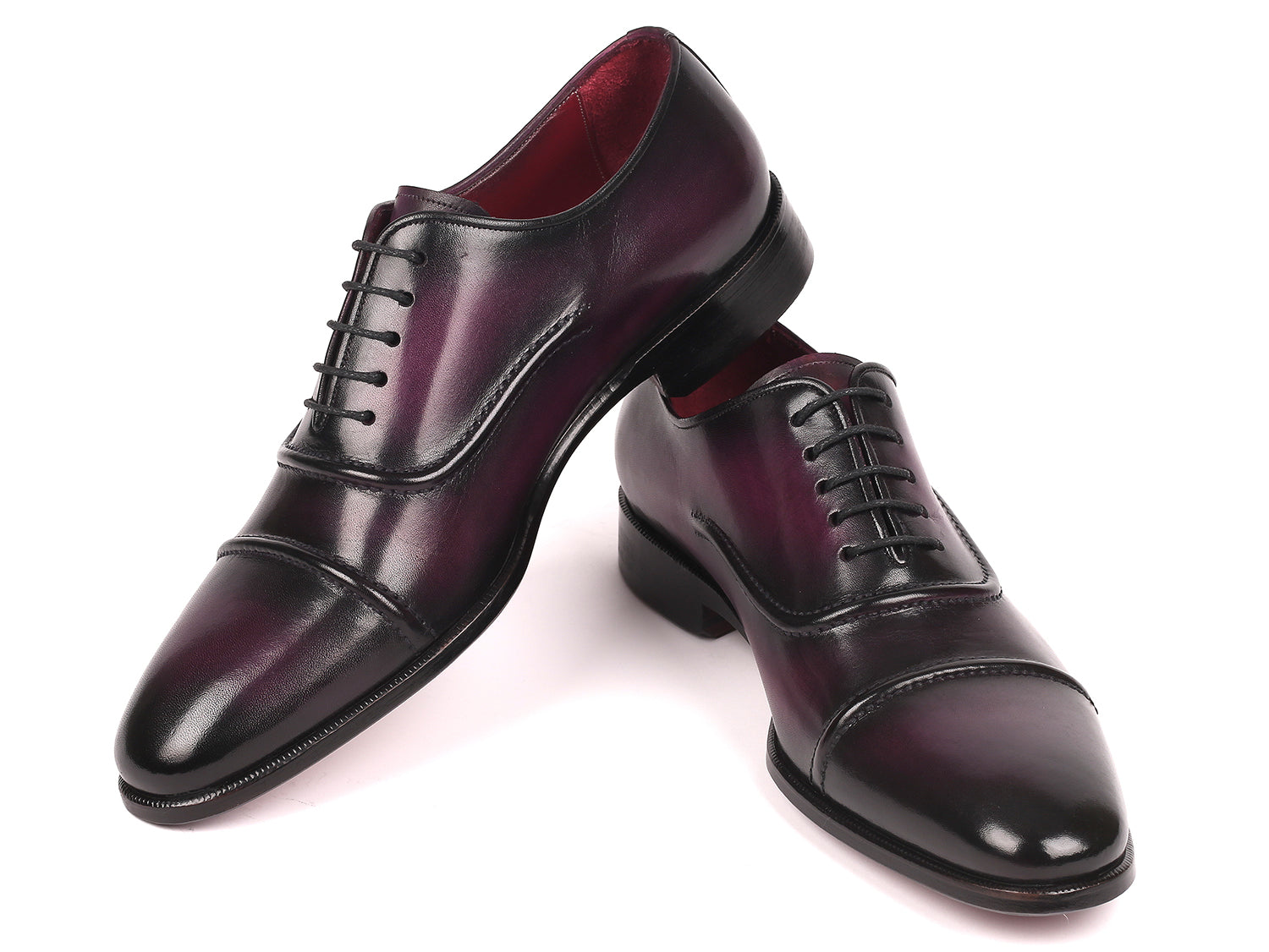 Paul Parkman Men's Cap-Toe Oxfords in Purple, showcasing hand-painted leather upper and elegant design.