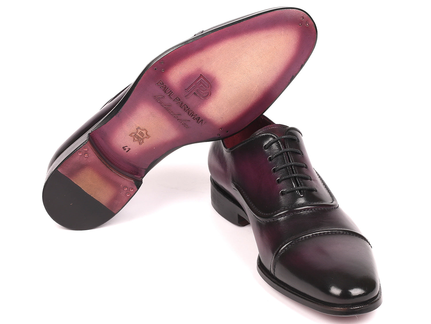 Paul Parkman Men's Cap-Toe Oxfords in Purple, showcasing hand-painted leather upper and elegant design.