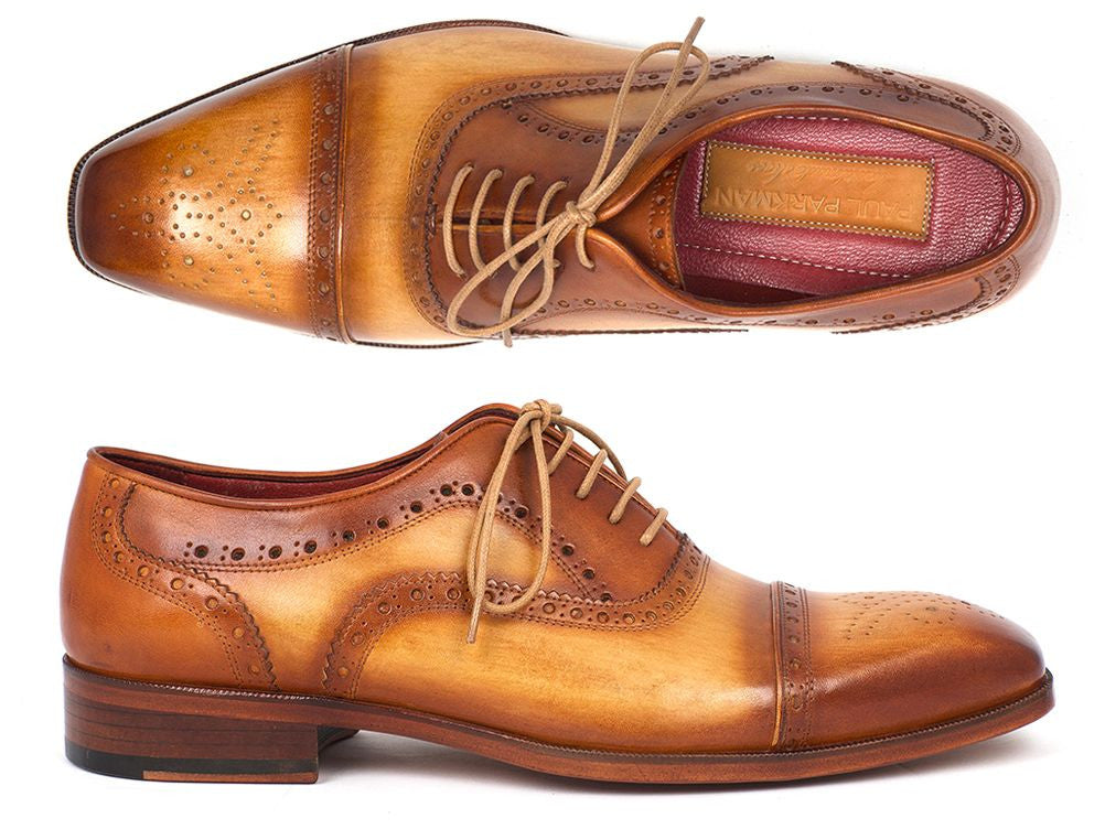 Paul Parkman Men's Captoe Oxfords in tan color, featuring hand-painted leather upper, perforated cap-toe design, and natural antiqued leather sole.