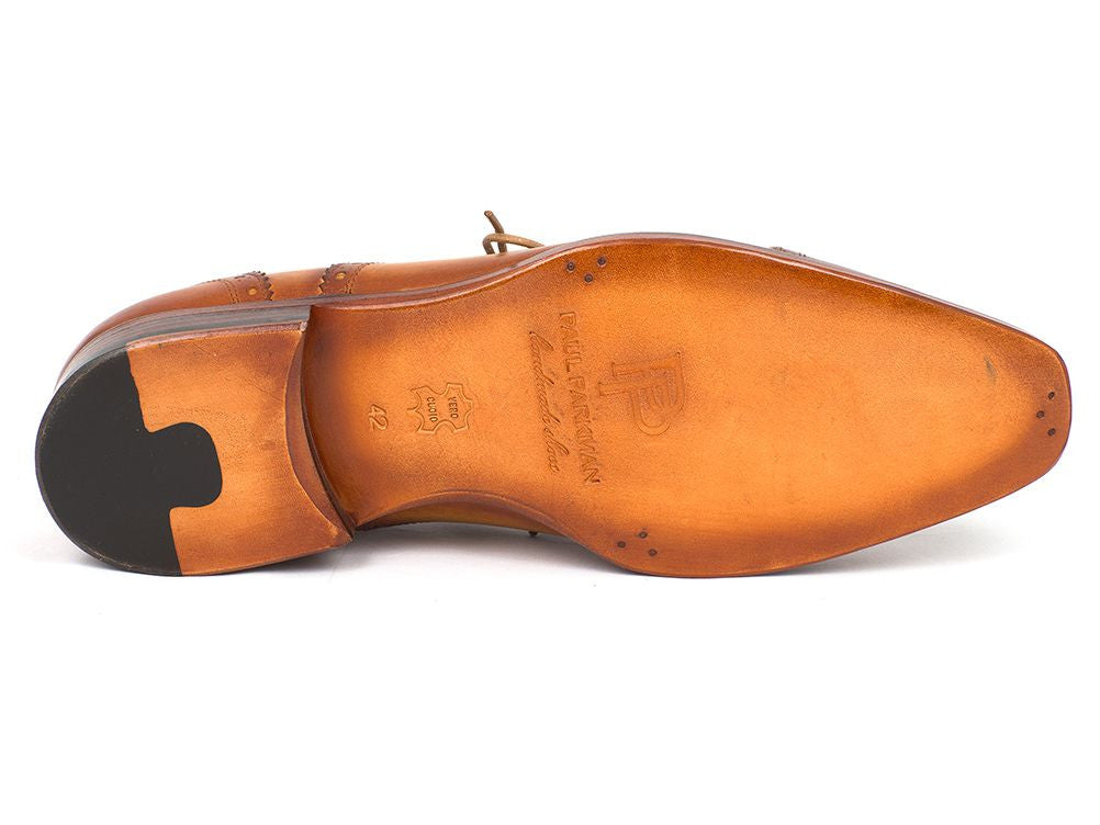 Paul Parkman Men's Captoe Oxfords in tan color, featuring hand-painted leather upper, perforated cap-toe design, and natural antiqued leather sole.