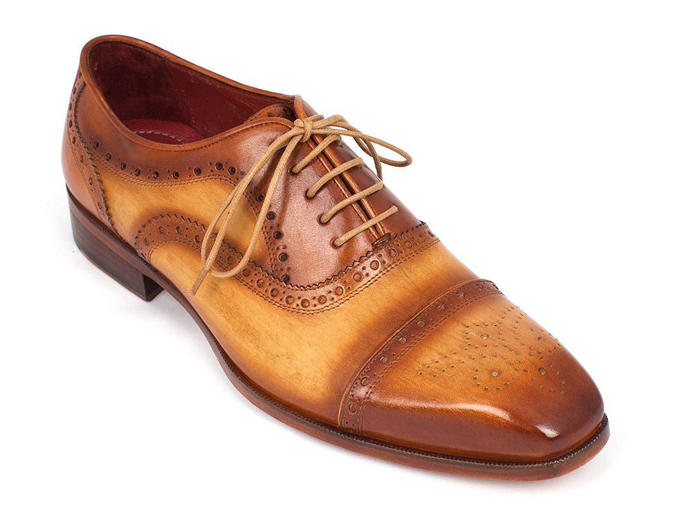 Paul Parkman Men's Captoe Oxfords in tan color, featuring hand-painted leather upper, perforated cap-toe design, and natural antiqued leather sole.