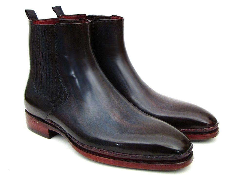 Paul Parkman Men's Chelsea Boots in Navy and Bordeaux, featuring a handmade design with a plain toe and turquoise burnished leather sole.