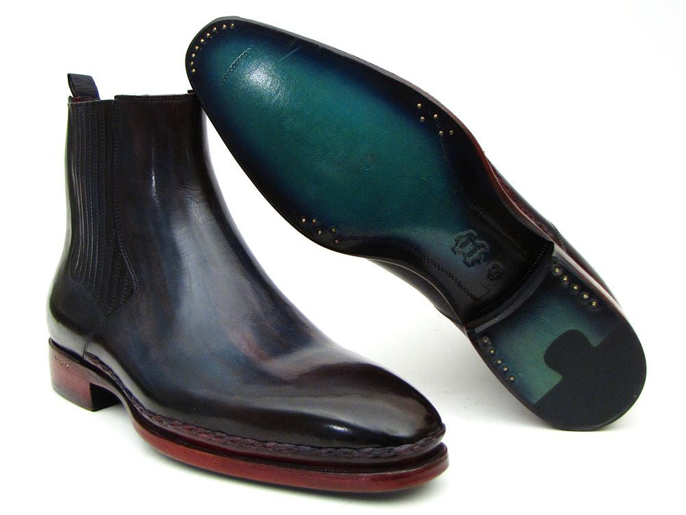 Paul Parkman Men's Chelsea Boots in Navy and Bordeaux, featuring a handmade design with a plain toe and turquoise burnished leather sole.