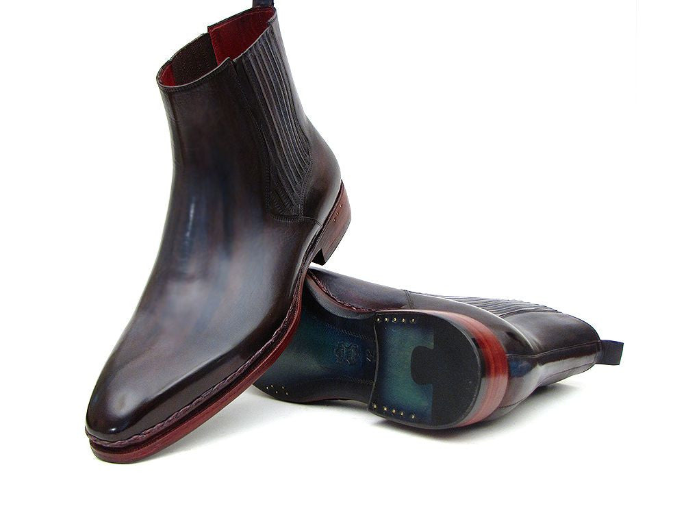 Paul Parkman Men's Chelsea Boots in Navy and Bordeaux, featuring a handmade design with a plain toe and turquoise burnished leather sole.