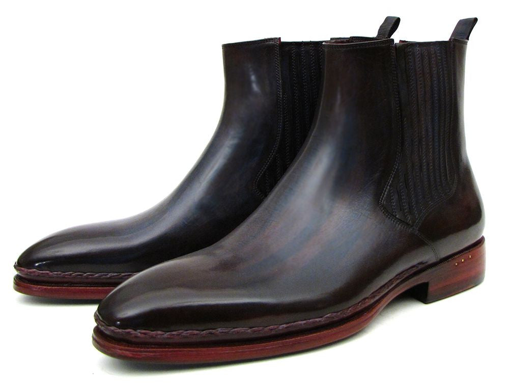 Paul Parkman Men's Chelsea Boots in Navy and Bordeaux, featuring a handmade design with a plain toe and turquoise burnished leather sole.