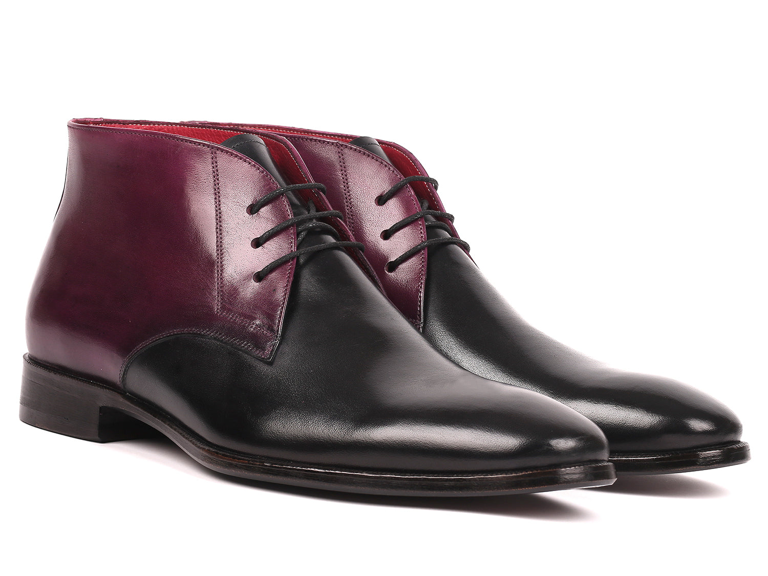 Paul Parkman Men's Chukka Boots in Black & Purple, showcasing hand-painted calfskin upper and purple burnished leather sole.