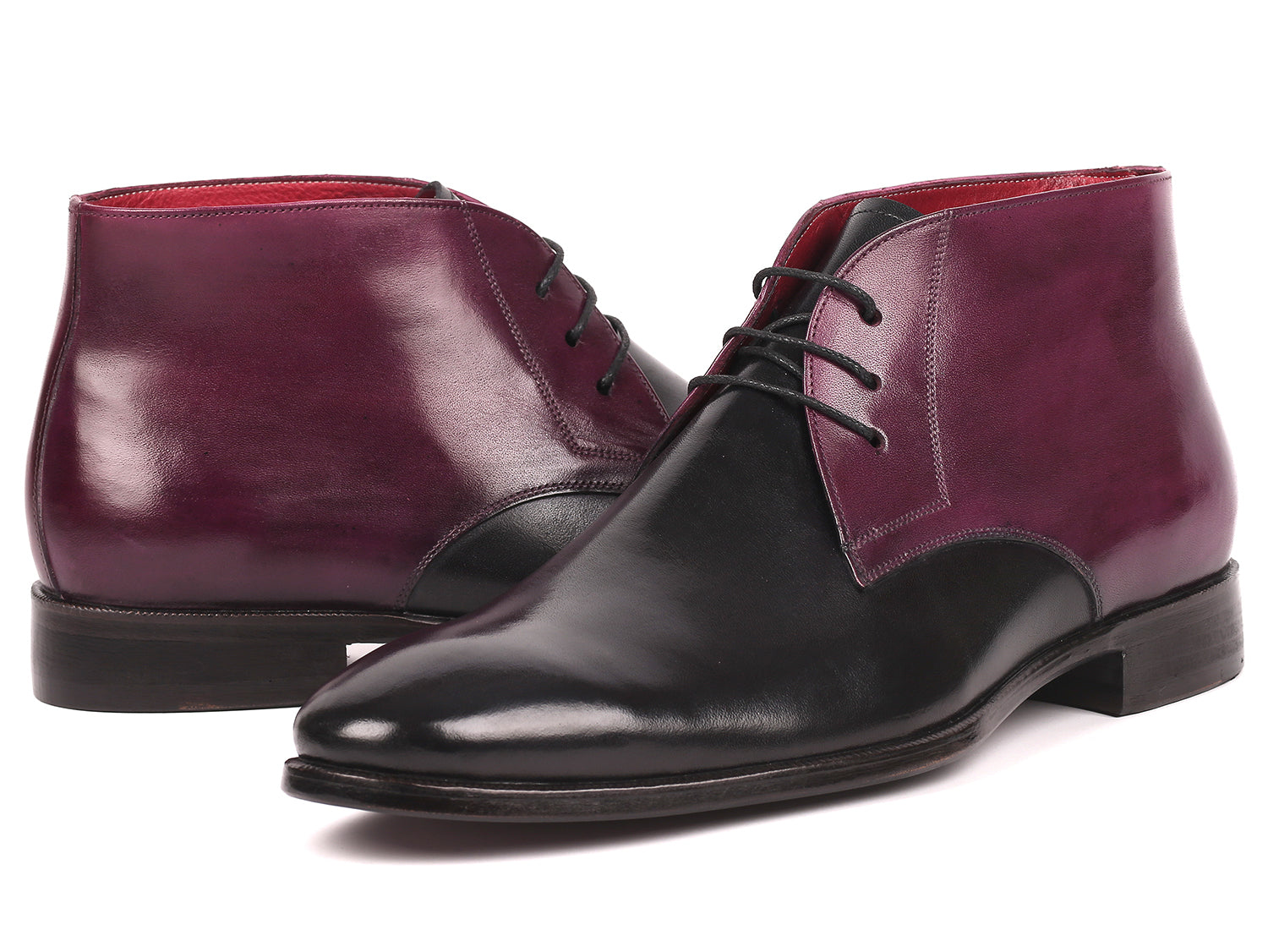 Paul Parkman Men's Chukka Boots in Black & Purple, showcasing hand-painted calfskin upper and purple burnished leather sole.