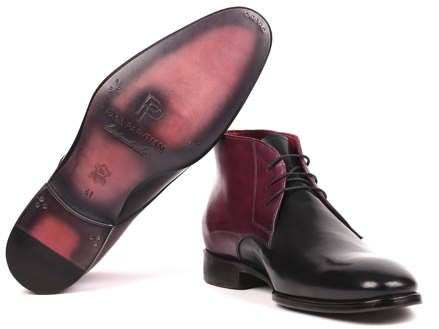 Paul Parkman Men's Chukka Boots in Black & Purple, showcasing hand-painted calfskin upper and purple burnished leather sole.