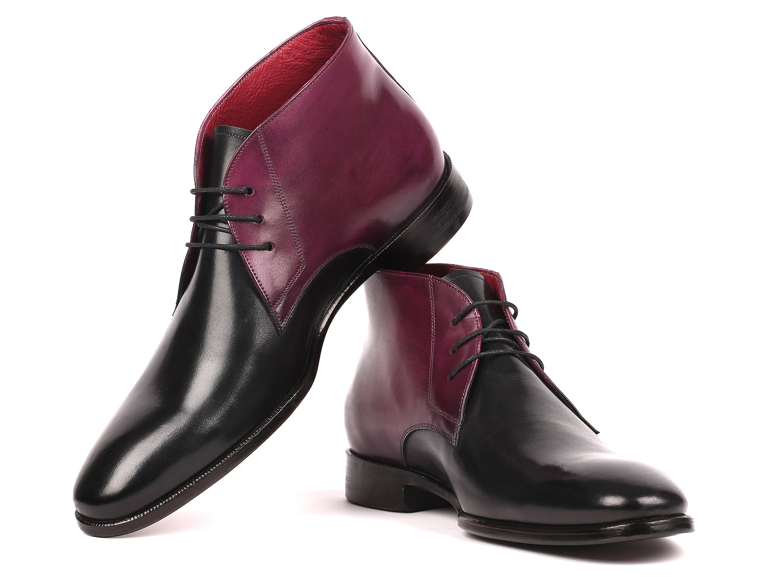 Paul Parkman Men's Chukka Boots in Black & Purple, showcasing hand-painted calfskin upper and purple burnished leather sole.