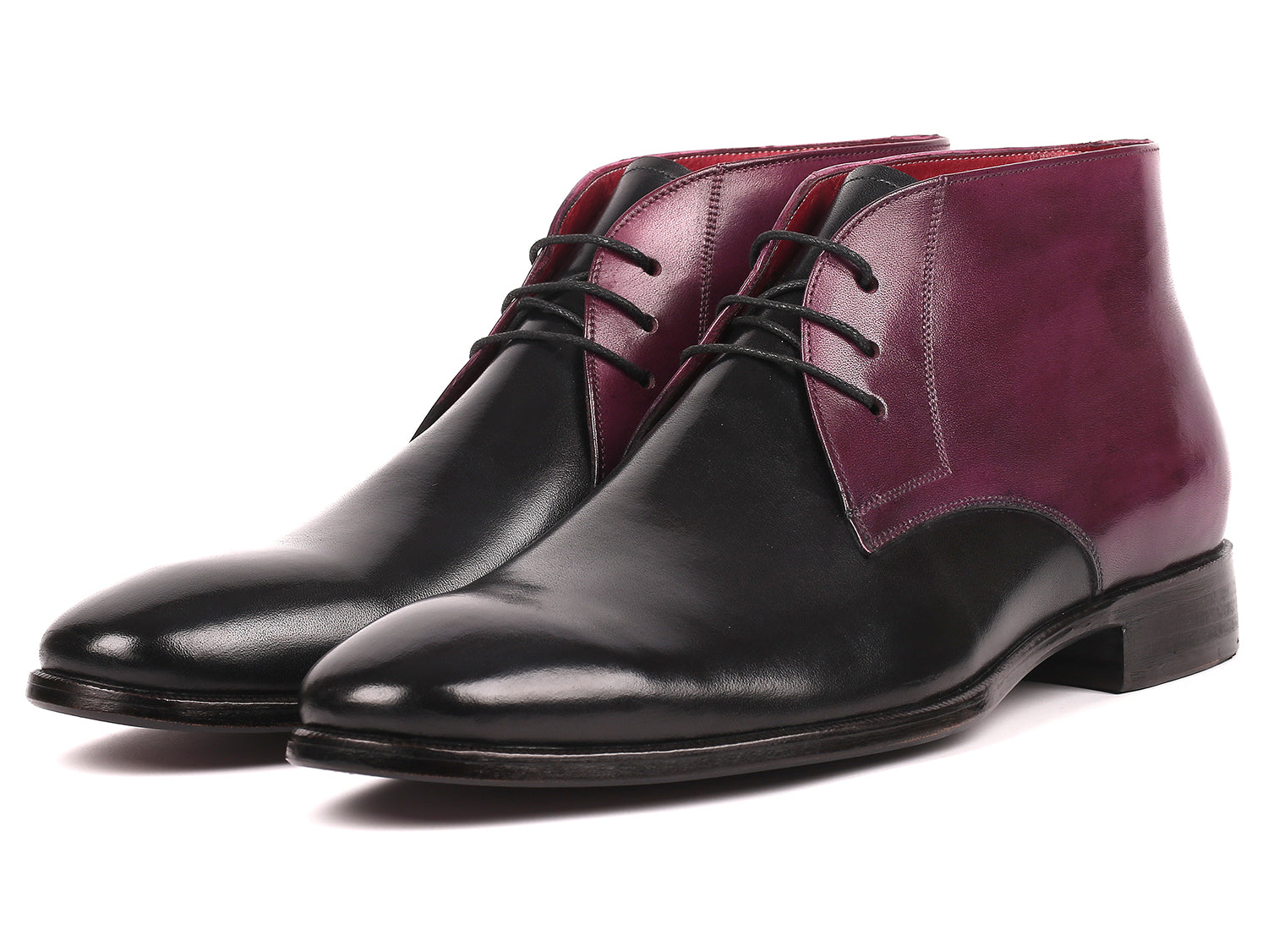 Paul Parkman Men's Chukka Boots in Black & Purple, showcasing hand-painted calfskin upper and purple burnished leather sole.