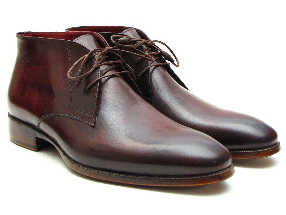 Paul Parkman Men's Chukka Boots in Brown & Bordeaux, showcasing hand-painted calfskin upper and antique burnished leather sole.