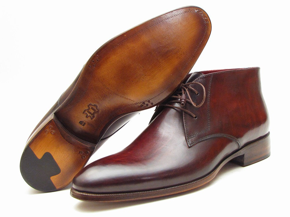 Paul Parkman Men's Chukka Boots in Brown & Bordeaux, showcasing hand-painted calfskin upper and antique burnished leather sole.