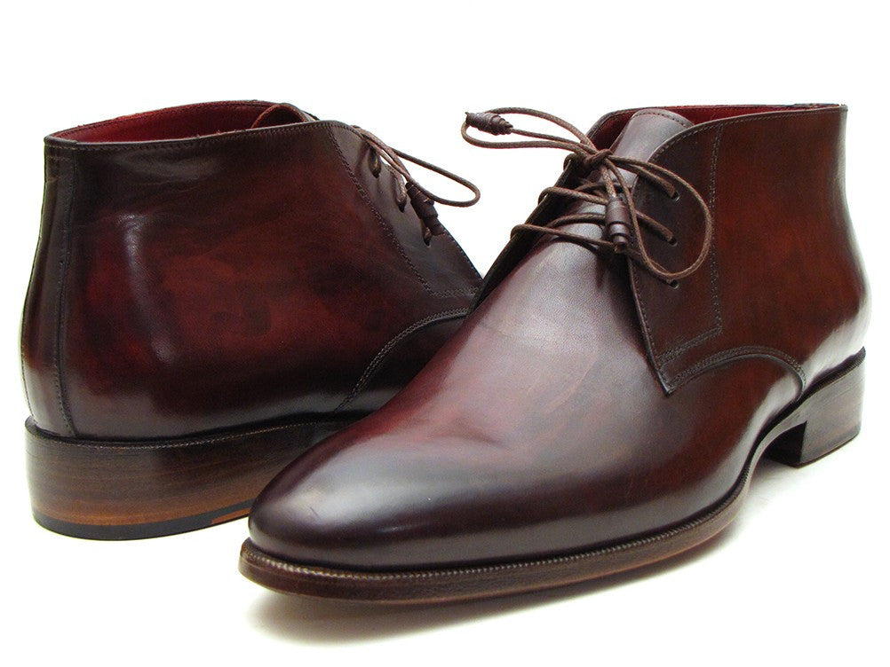 Paul Parkman Men's Chukka Boots in Brown & Bordeaux, showcasing hand-painted calfskin upper and antique burnished leather sole.