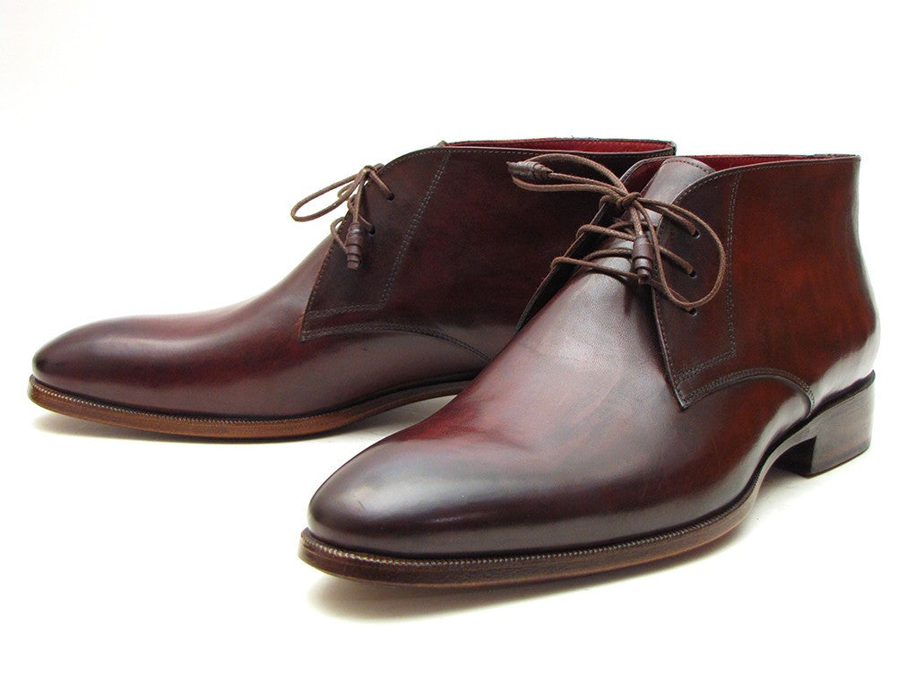 Paul Parkman Men's Chukka Boots in Brown & Bordeaux, showcasing hand-painted calfskin upper and antique burnished leather sole.