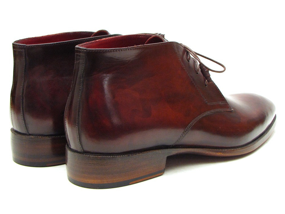 Paul Parkman Men's Chukka Boots in Brown & Bordeaux, showcasing hand-painted calfskin upper and antique burnished leather sole.