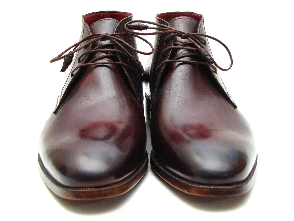 Paul Parkman Men's Chukka Boots in Brown & Bordeaux, showcasing hand-painted calfskin upper and antique burnished leather sole.