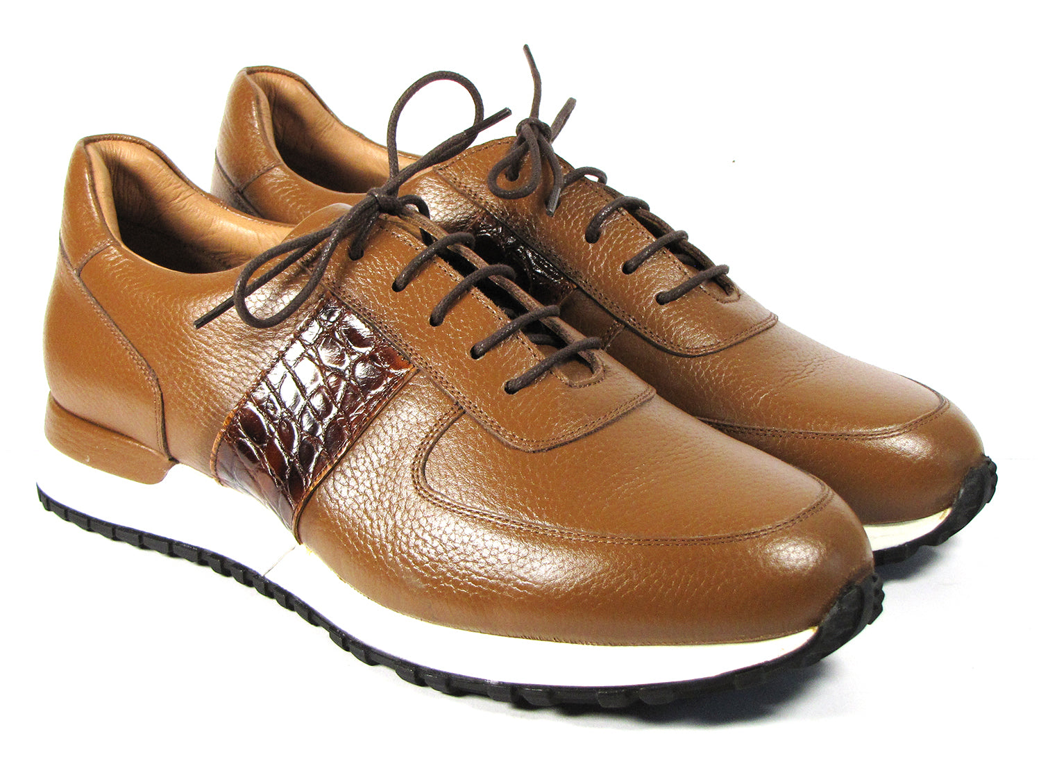 Paul Parkman Men's Cognac Floater Leather Sneakers featuring a cognac leather upper and brown croco textured side band.