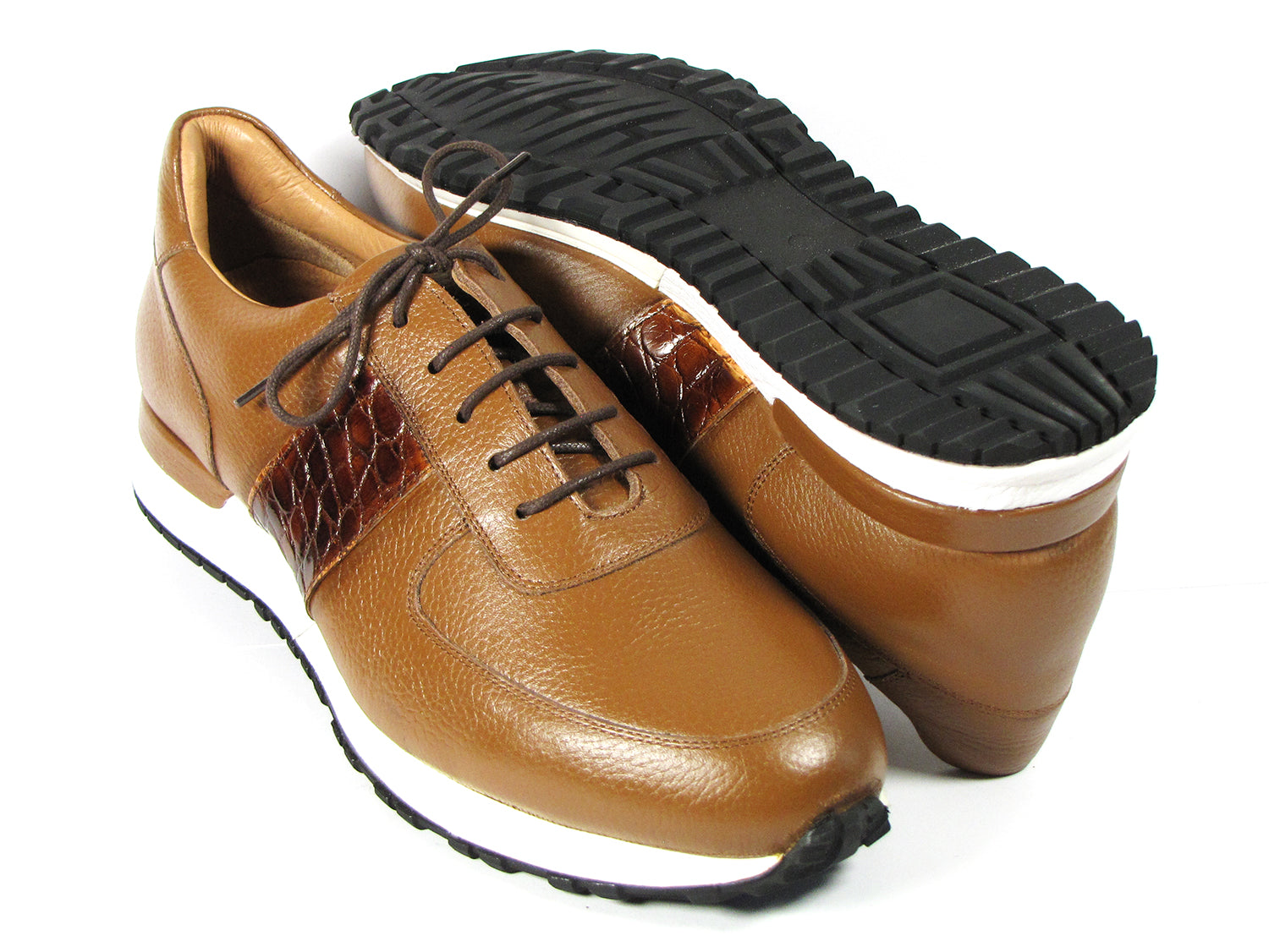 Paul Parkman Men's Cognac Floater Leather Sneakers featuring a cognac leather upper and brown croco textured side band.