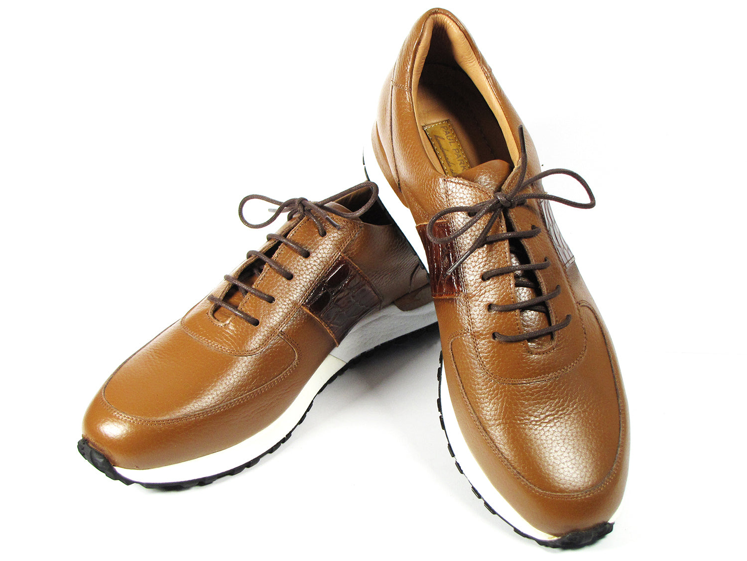 Paul Parkman Men's Cognac Floater Leather Sneakers featuring a cognac leather upper and brown croco textured side band.