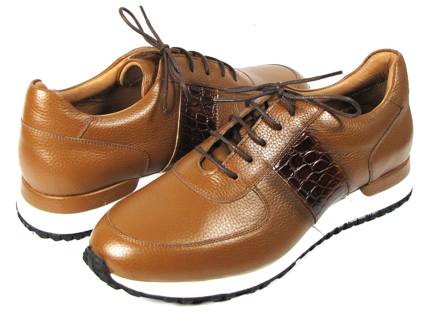 Paul Parkman Men's Cognac Floater Leather Sneakers featuring a cognac leather upper and brown croco textured side band.