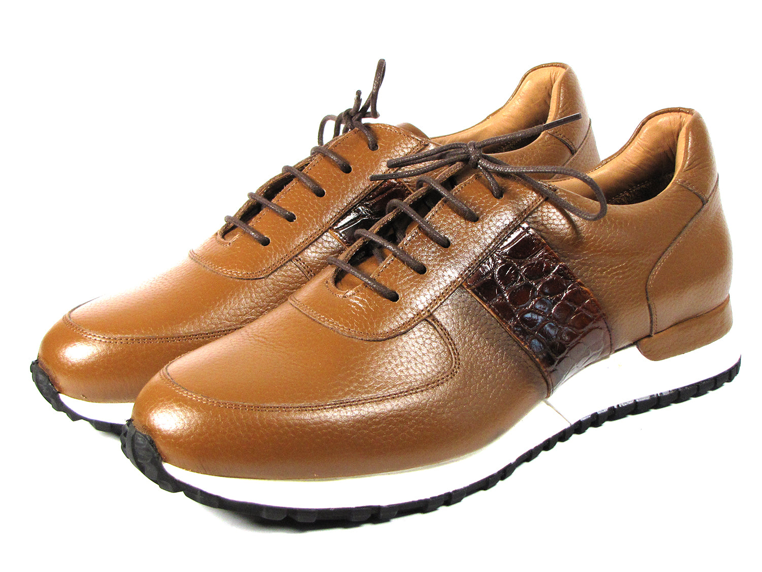 Paul Parkman Men's Cognac Floater Leather Sneakers featuring a cognac leather upper and brown croco textured side band.