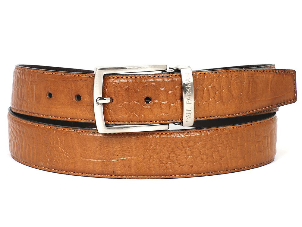 PAUL PARKMAN Men's Crocodile Textured Leather Belt in Camel, showcasing its luxurious crocodile embossed design and hand-painted finish.