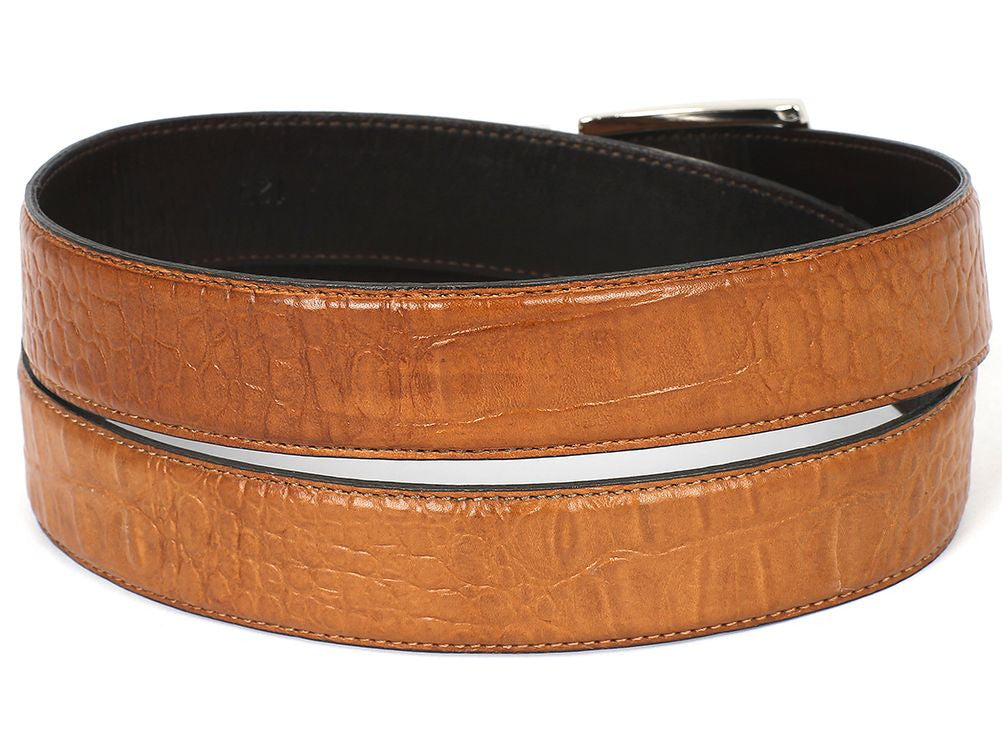 PAUL PARKMAN Men's Crocodile Textured Leather Belt in Camel, showcasing its luxurious crocodile embossed design and hand-painted finish.