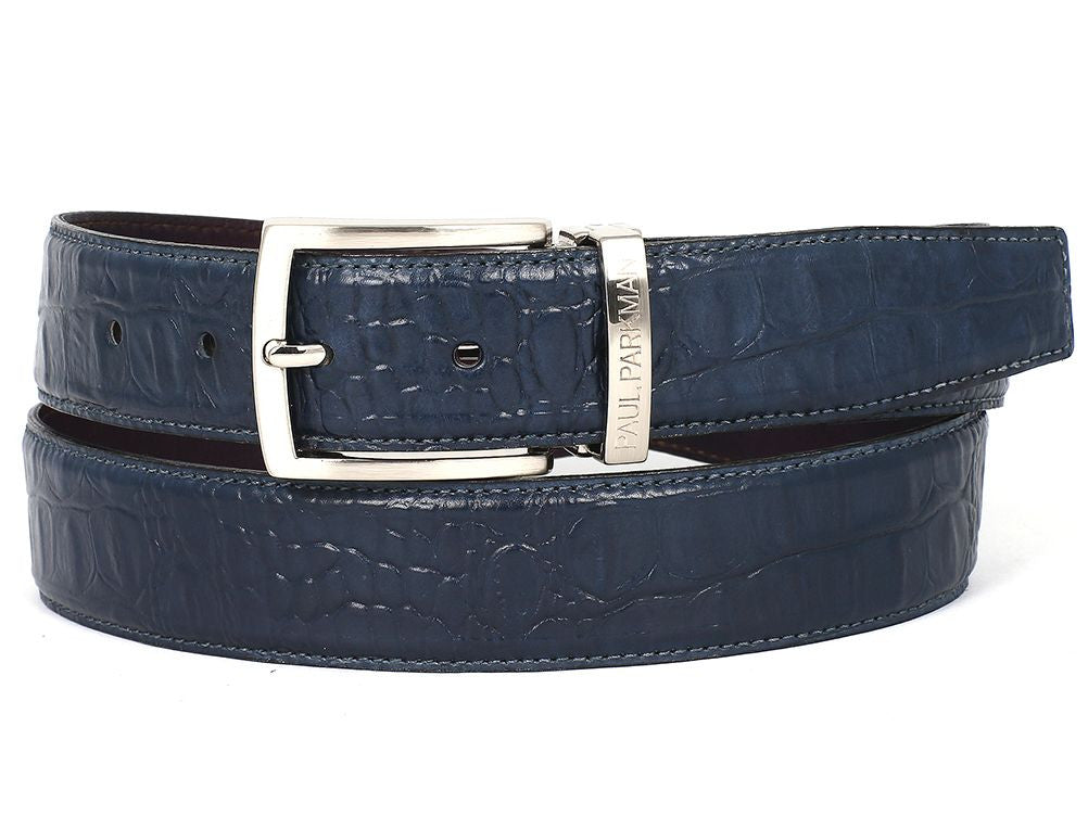 PAUL PARKMAN Men's Crocodile Textured Leather Belt in Navy, showcasing premium crocodile embossed leather with a hand-painted finish.