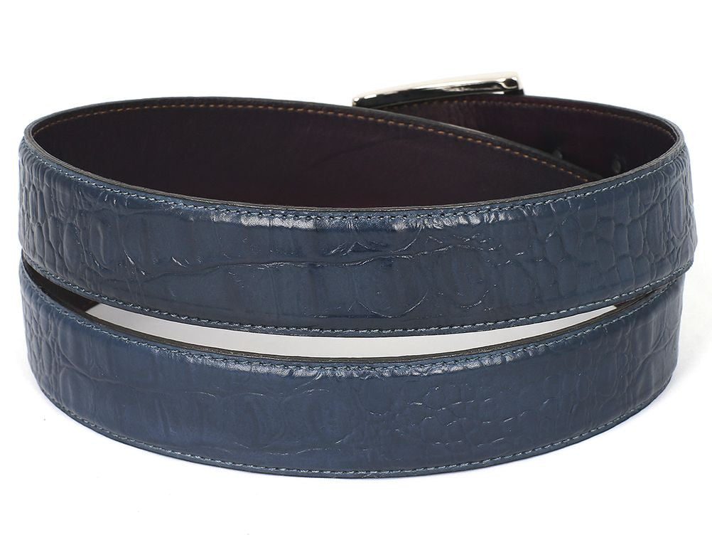 PAUL PARKMAN Men's Crocodile Textured Leather Belt in Navy, showcasing premium crocodile embossed leather with a hand-painted finish.