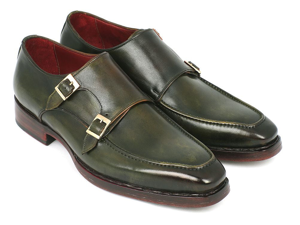 Paul Parkman Men's Double Monkstrap Goodyear Welted Shoes in green with Bordeaux leather lining, showcasing unique hand-painted craftsmanship.