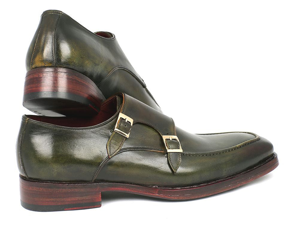 Paul Parkman Men's Double Monkstrap Goodyear Welted Shoes in green with Bordeaux leather lining, showcasing unique hand-painted craftsmanship.