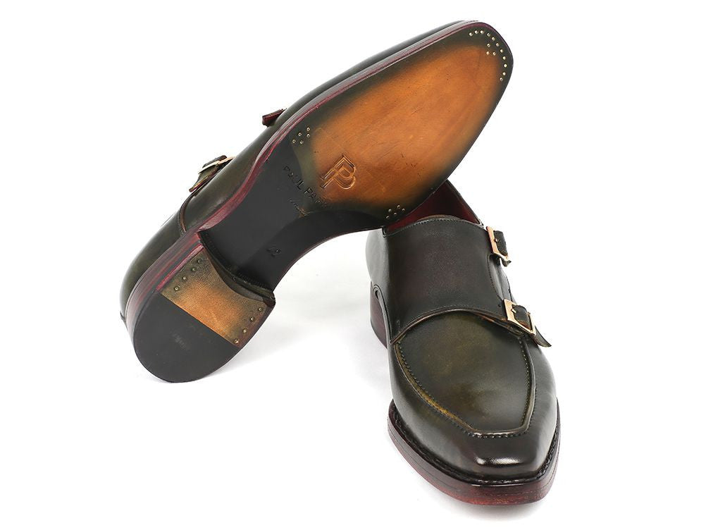 Paul Parkman Men's Double Monkstrap Goodyear Welted Shoes in green with Bordeaux leather lining, showcasing unique hand-painted craftsmanship.