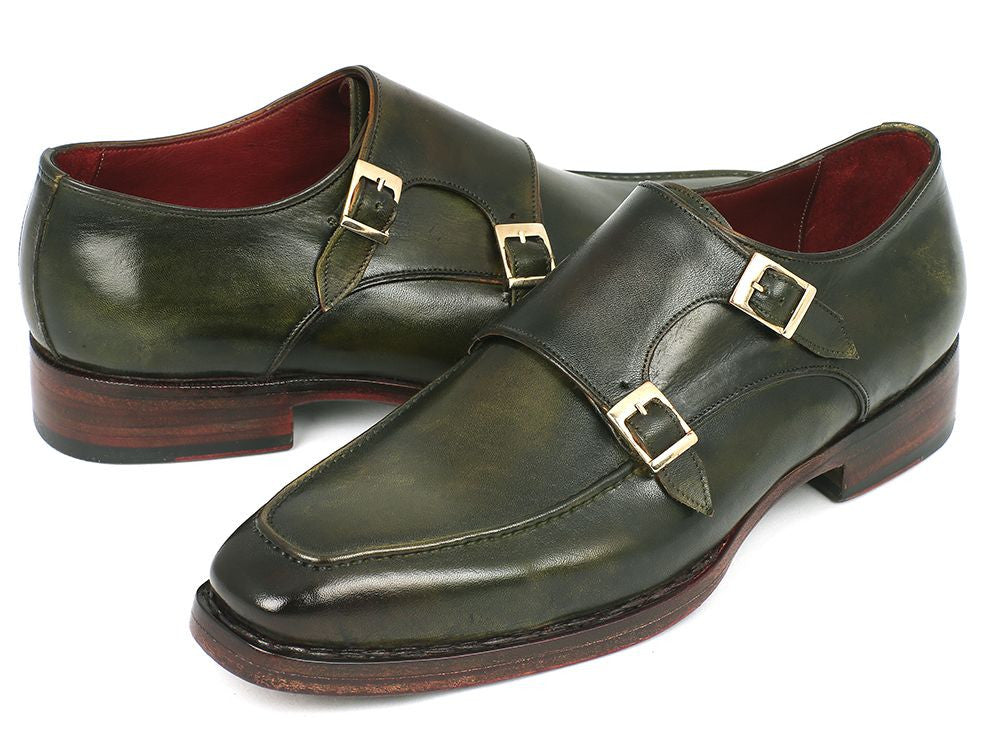 Paul Parkman Men's Double Monkstrap Goodyear Welted Shoes in green with Bordeaux leather lining, showcasing unique hand-painted craftsmanship.