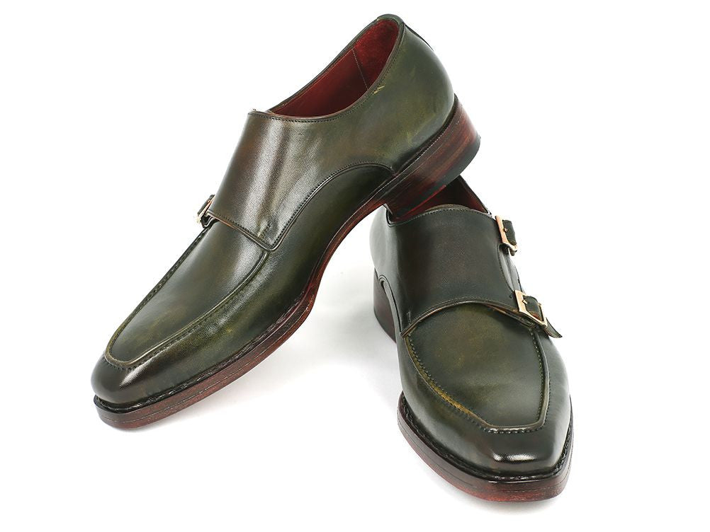 Paul Parkman Men's Double Monkstrap Goodyear Welted Shoes in green with Bordeaux leather lining, showcasing unique hand-painted craftsmanship.