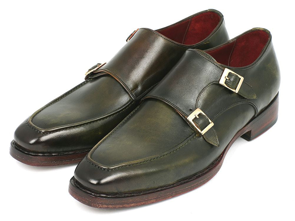 Paul Parkman Men's Double Monkstrap Goodyear Welted Shoes in green with Bordeaux leather lining, showcasing unique hand-painted craftsmanship.