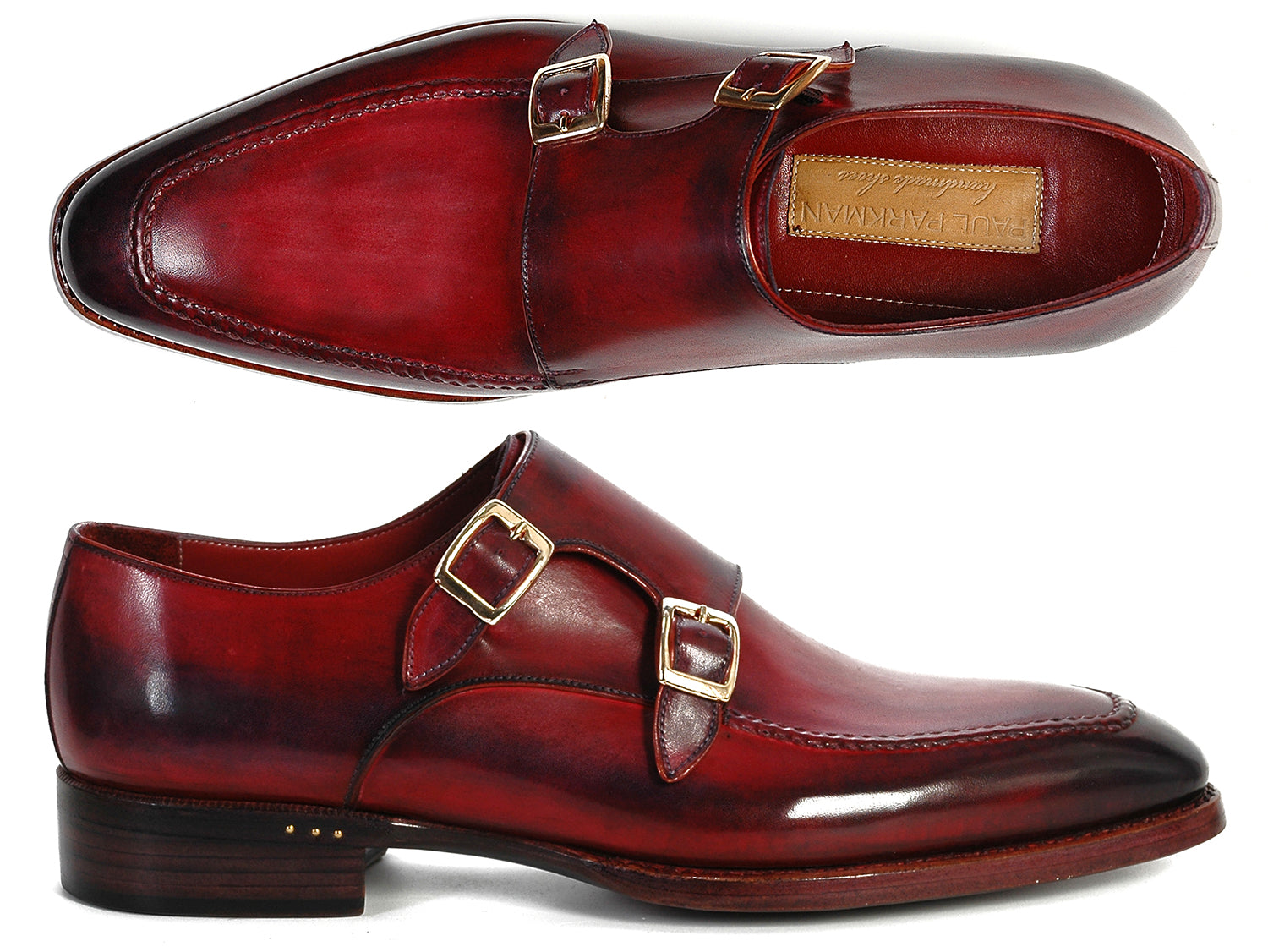 Paul Parkman Men's Double Monkstrap Shoes in Black and Bordeaux, showcasing hand-painted leather upper and antiqued leather sole.