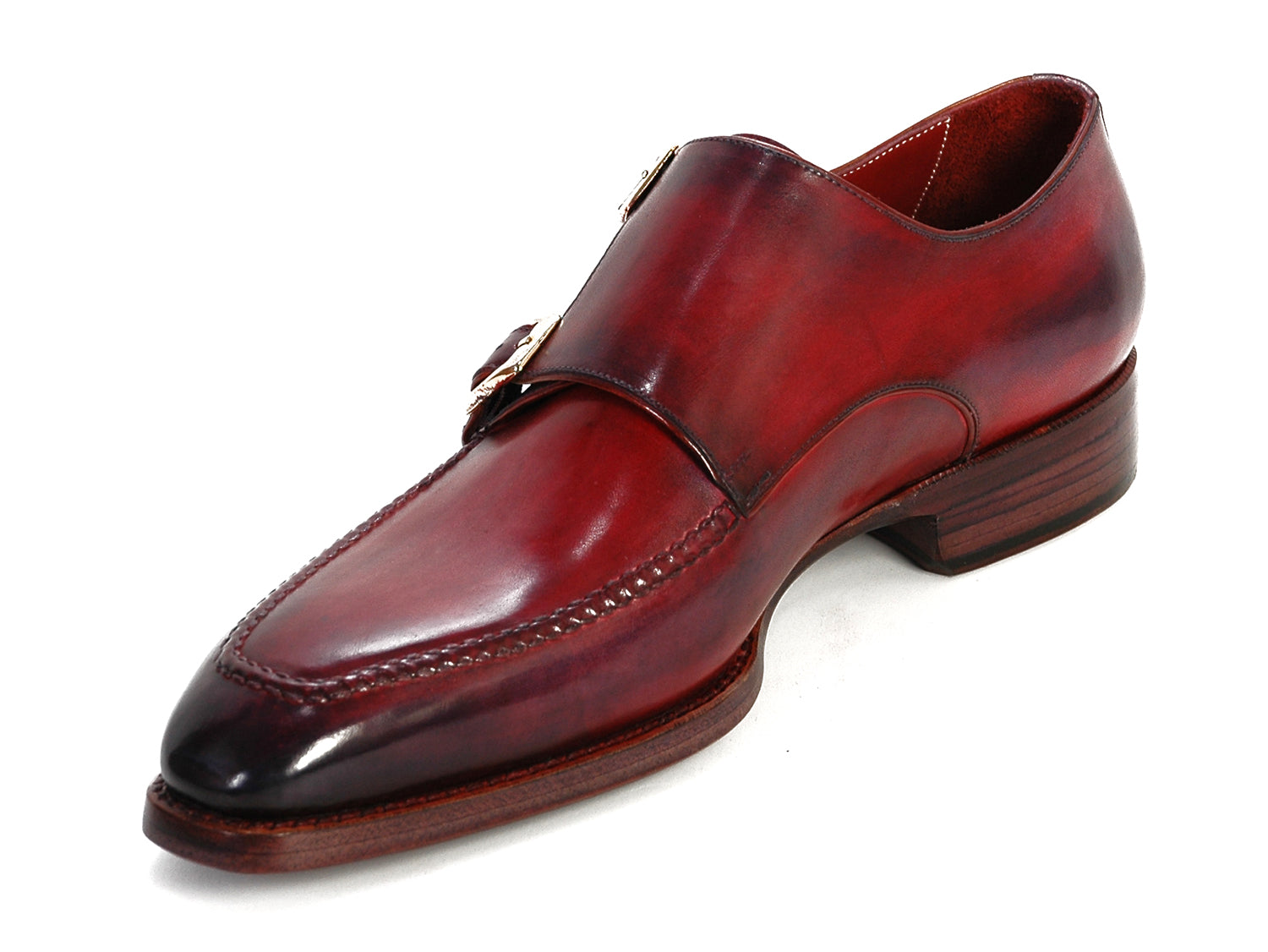 Paul Parkman Men's Double Monkstrap Shoes in Black and Bordeaux, showcasing hand-painted leather upper and antiqued leather sole.