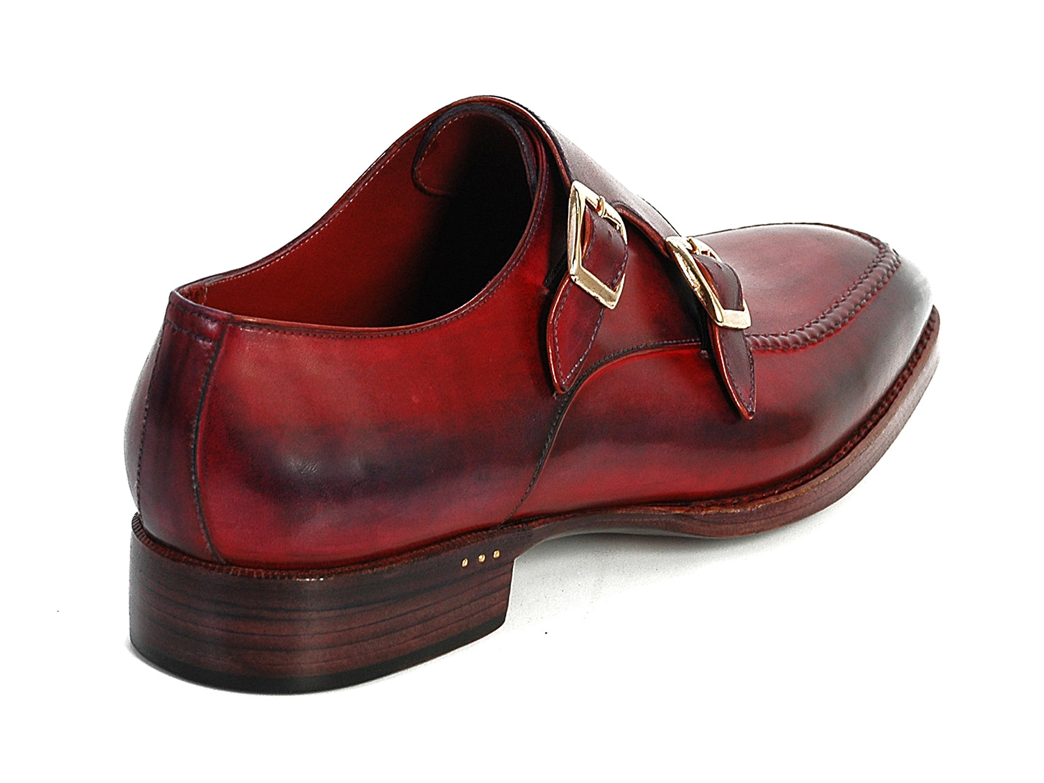 Paul Parkman Men's Double Monkstrap Shoes in Black and Bordeaux, showcasing hand-painted leather upper and antiqued leather sole.