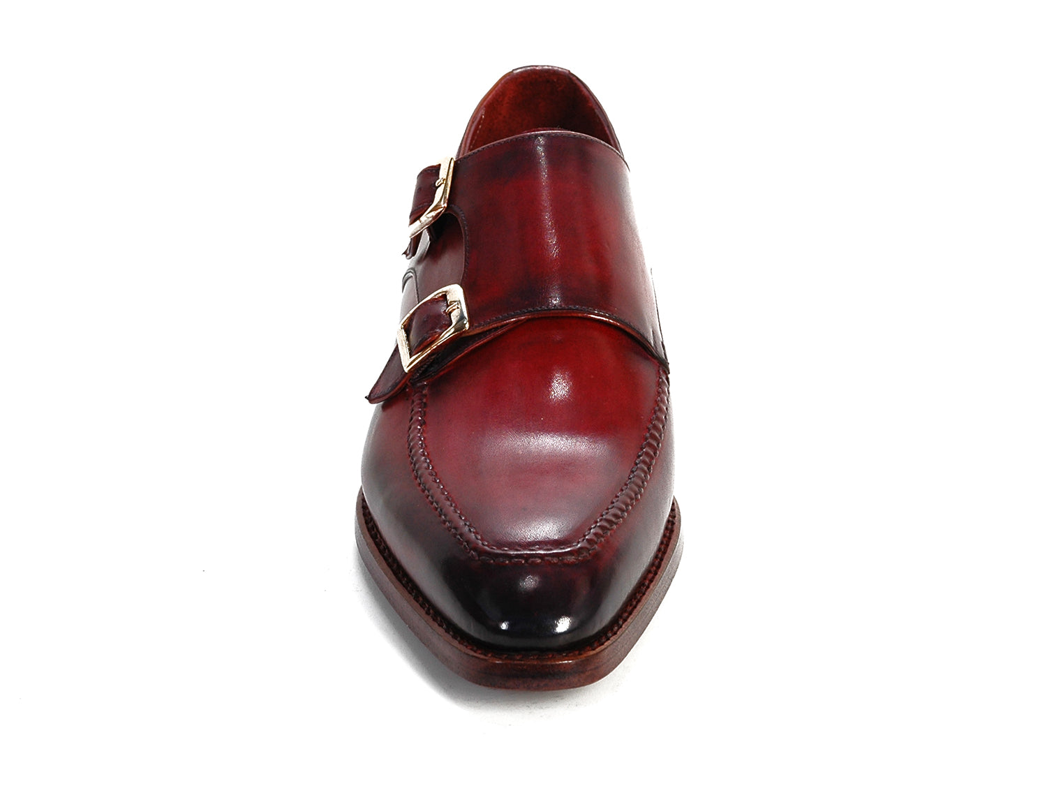 Paul Parkman Men's Double Monkstrap Shoes in Black and Bordeaux, showcasing hand-painted leather upper and antiqued leather sole.