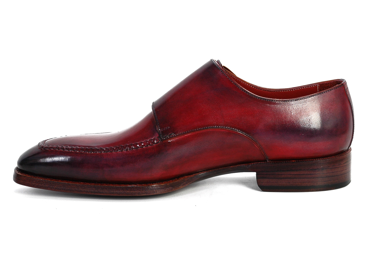 Paul Parkman Men's Double Monkstrap Shoes in Black and Bordeaux, showcasing hand-painted leather upper and antiqued leather sole.