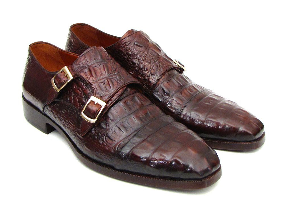 Paul Parkman Men's Double Monkstraps in Brown & Bordeaux Crocodile, showcasing elegant design and craftsmanship.