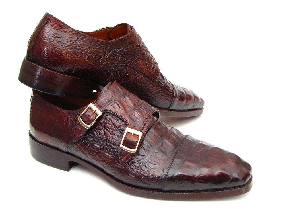 Paul Parkman Men's Double Monkstraps in Brown & Bordeaux Crocodile, showcasing elegant design and craftsmanship.