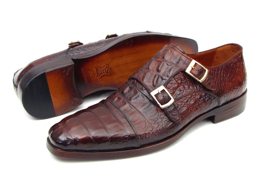 Paul Parkman Men's Double Monkstraps in Brown & Bordeaux Crocodile, showcasing elegant design and craftsmanship.