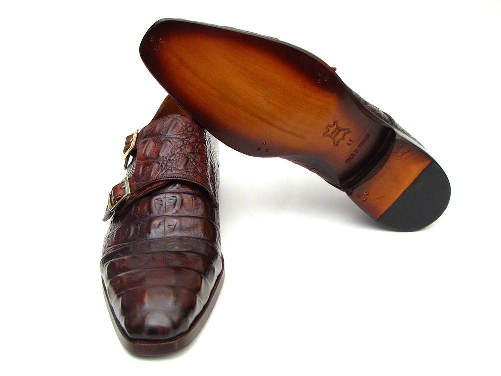 Paul Parkman Men's Double Monkstraps in Brown & Bordeaux Crocodile, showcasing elegant design and craftsmanship.