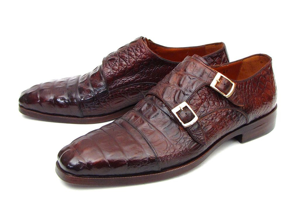 Paul Parkman Men's Double Monkstraps in Brown & Bordeaux Crocodile, showcasing elegant design and craftsmanship.