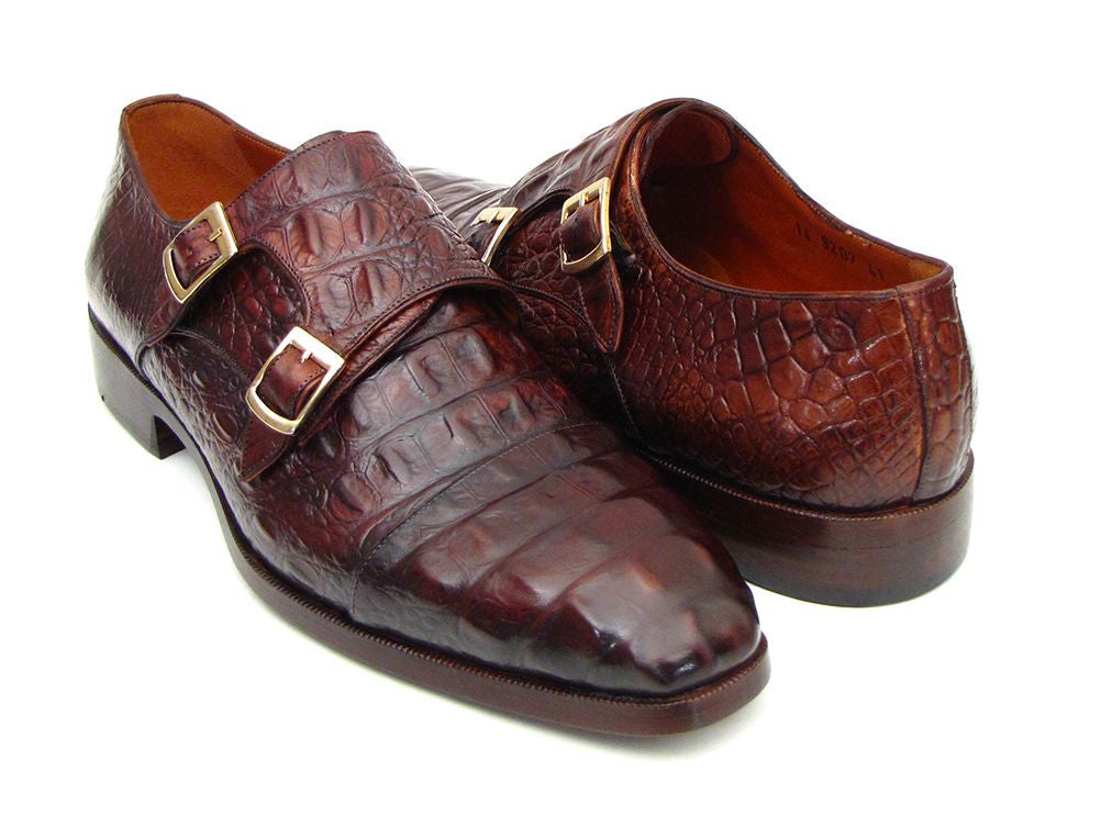 Paul Parkman Men's Double Monkstraps in Brown & Bordeaux Crocodile, showcasing elegant design and craftsmanship.