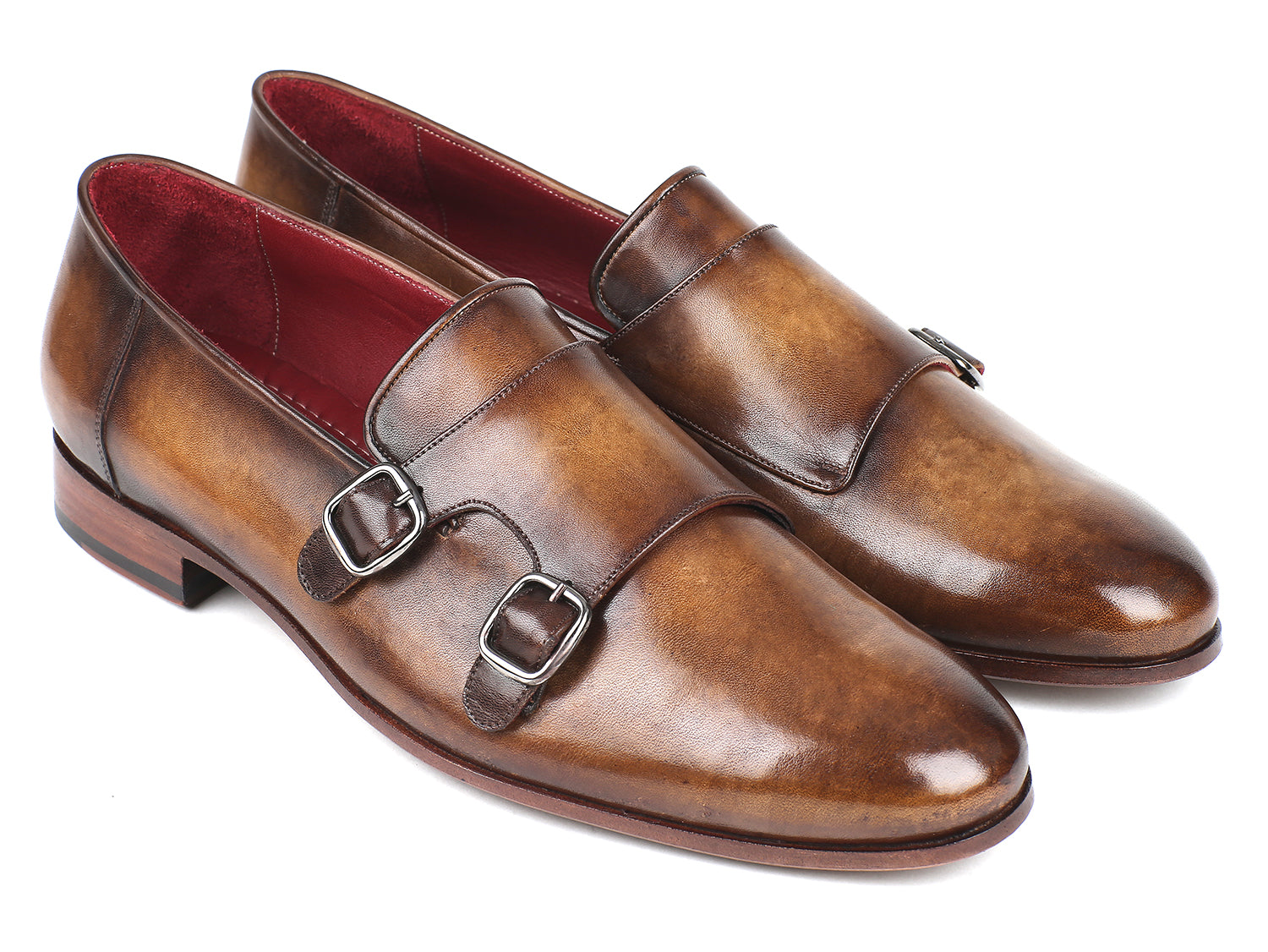 Paul Parkman Men's Double Monkstraps in Olive, showcasing hand-painted calfskin upper and antiqued leather sole.