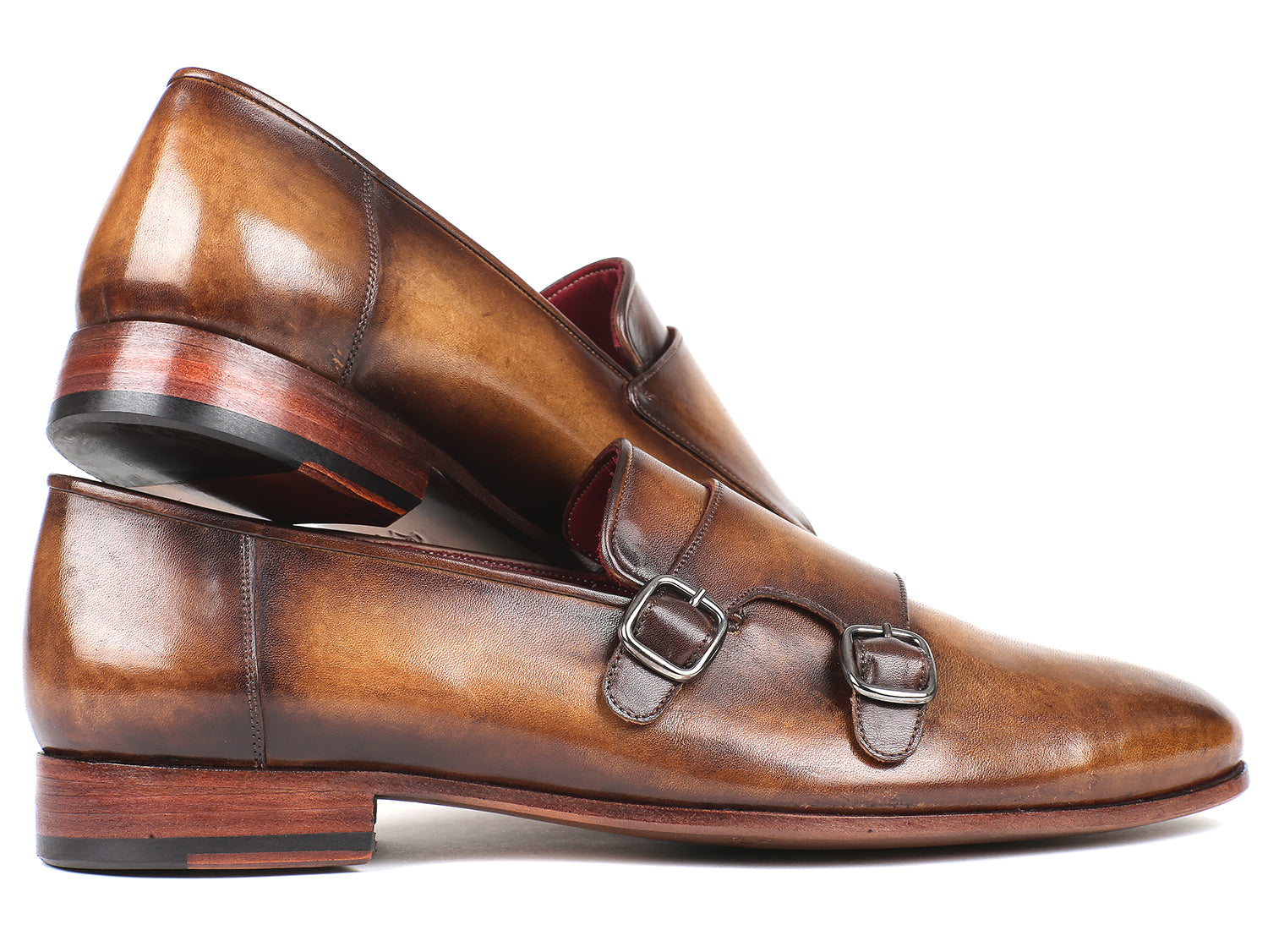 Paul Parkman Men's Double Monkstraps in Olive, showcasing hand-painted calfskin upper and antiqued leather sole.