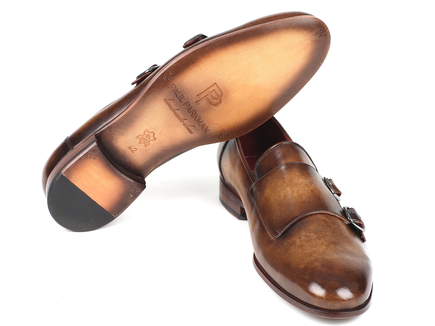 Paul Parkman Men's Double Monkstraps in Olive, showcasing hand-painted calfskin upper and antiqued leather sole.