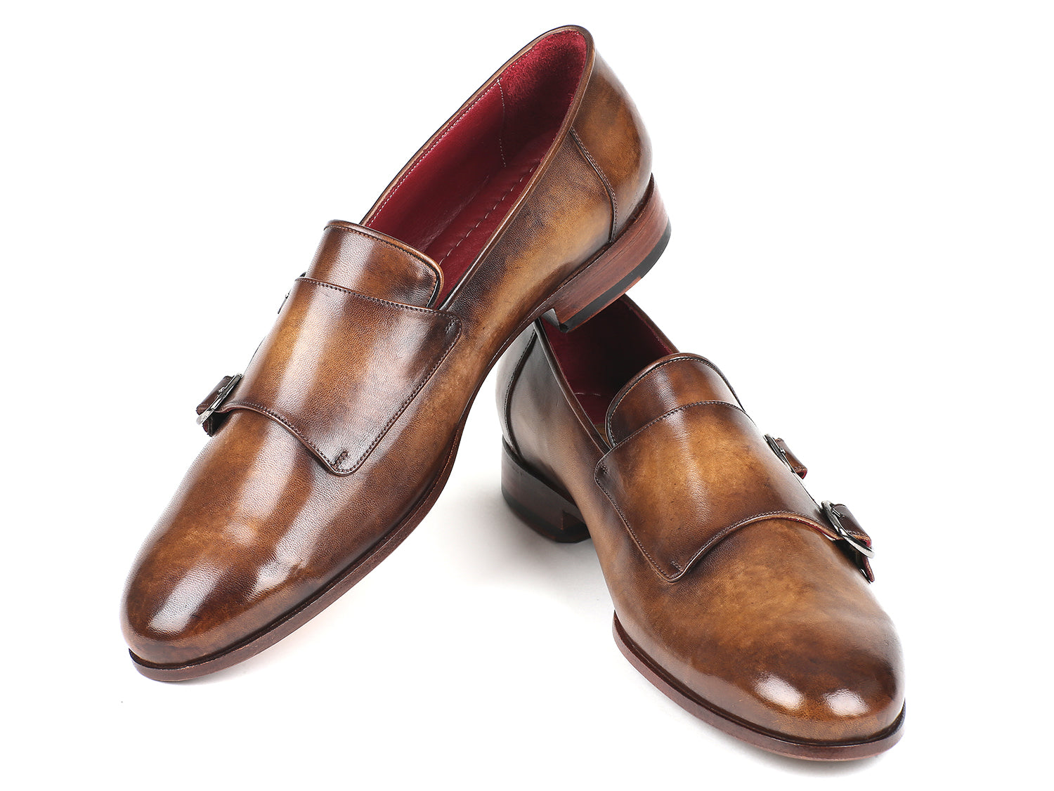 Paul Parkman Men's Double Monkstraps in Olive, showcasing hand-painted calfskin upper and antiqued leather sole.